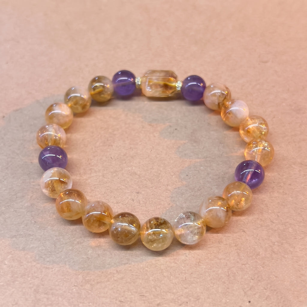Golden Rutilated Quartz & Amethyst Bracelet | Wealth & Intuition