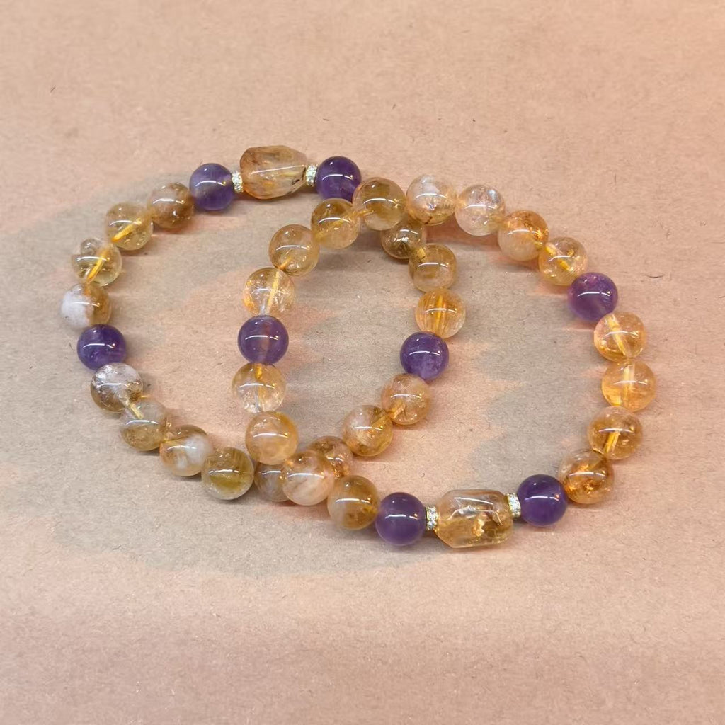 Golden Rutilated Quartz & Amethyst Bracelet | Wealth & Intuition